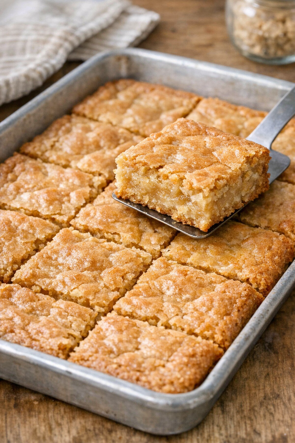 Finished blondie bars on a sheet pan