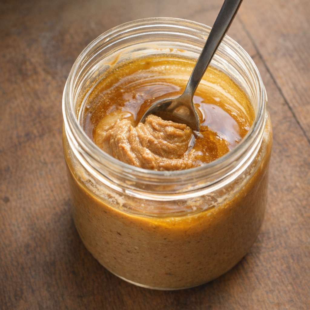 Natural peanut butter with visible oil separation in jar
