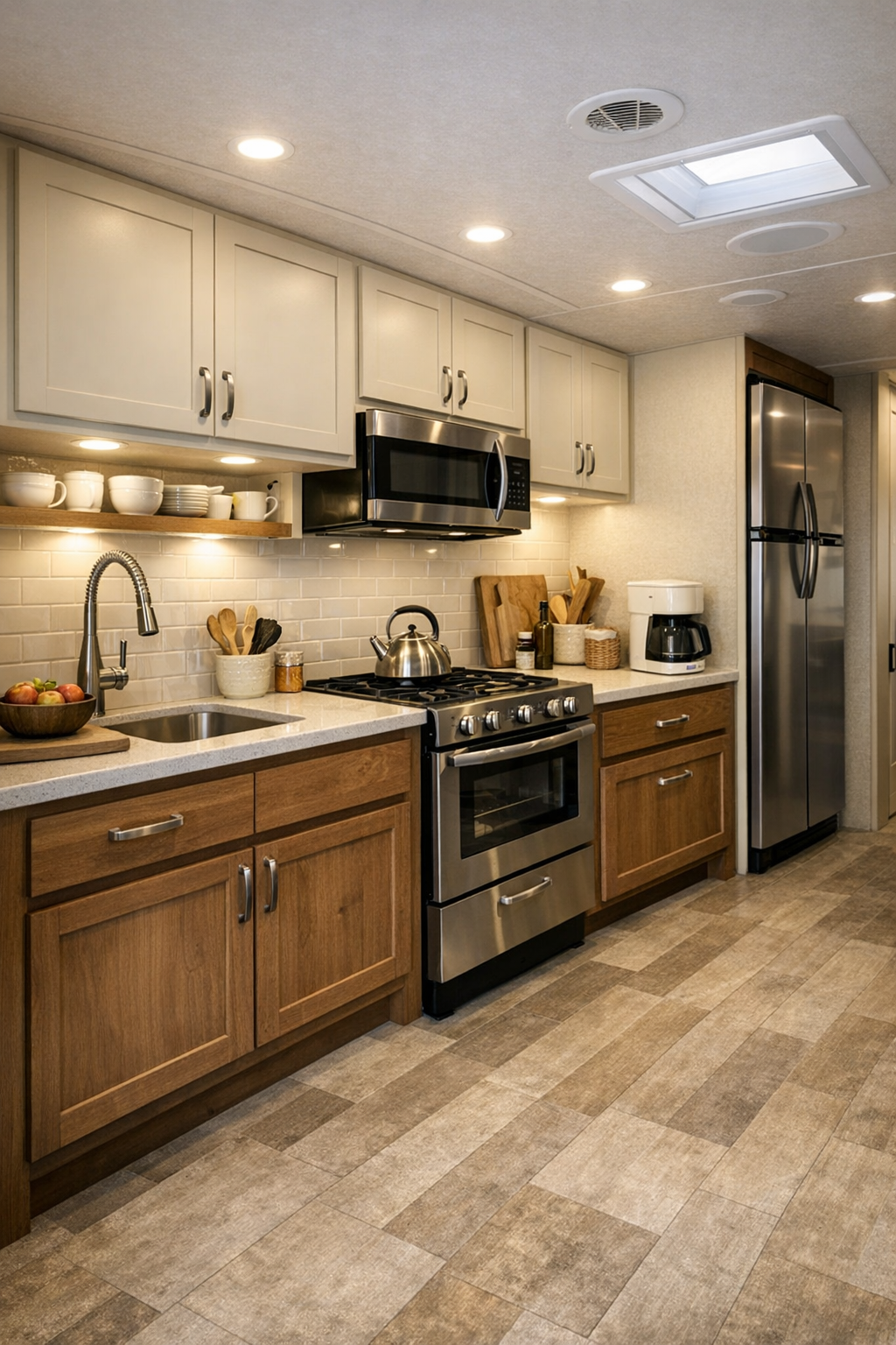 Accessible RV camper kitchen with quartz counters and warm wood cabinetry