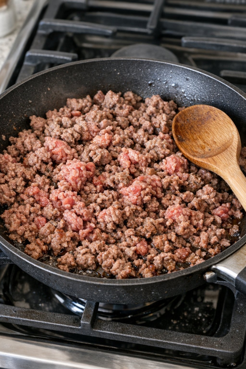 Ground beef browning in a skillet