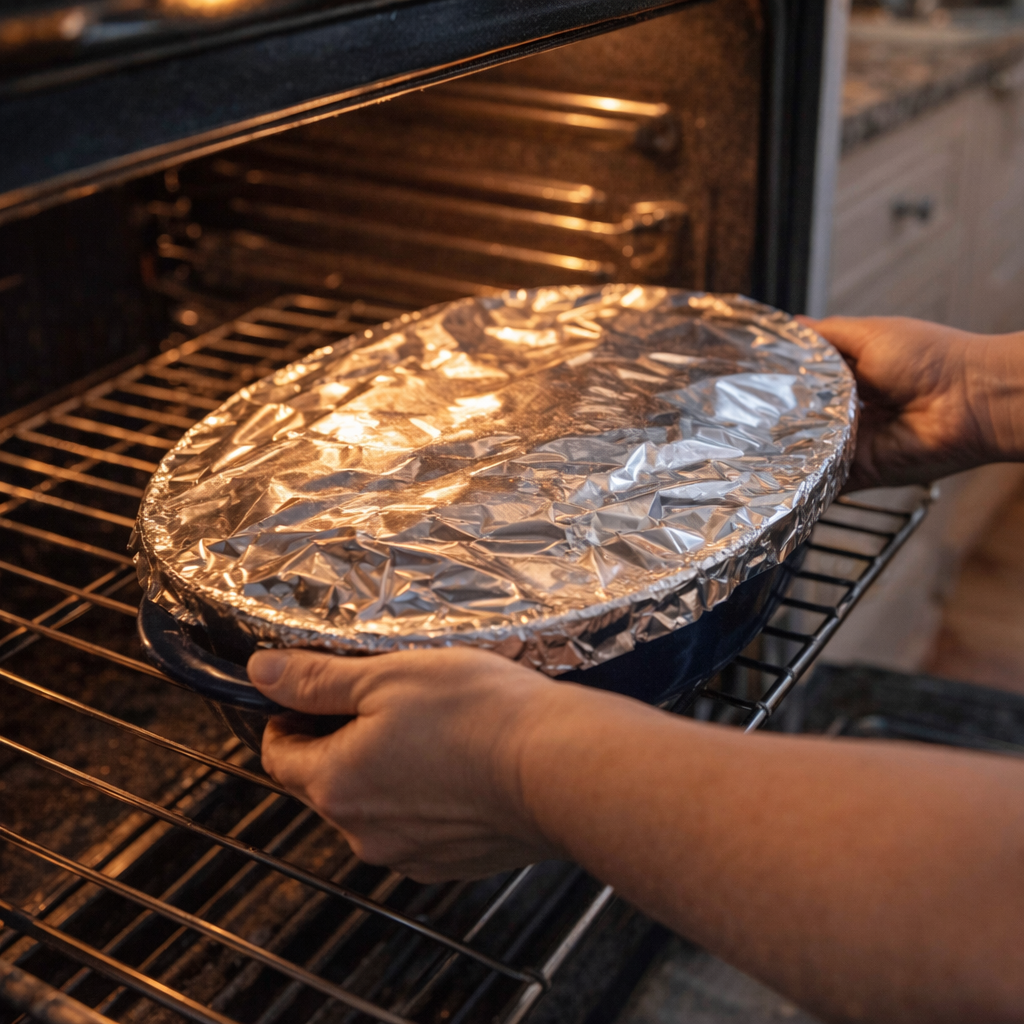 Foil-covered pasta bake being placed into the oven