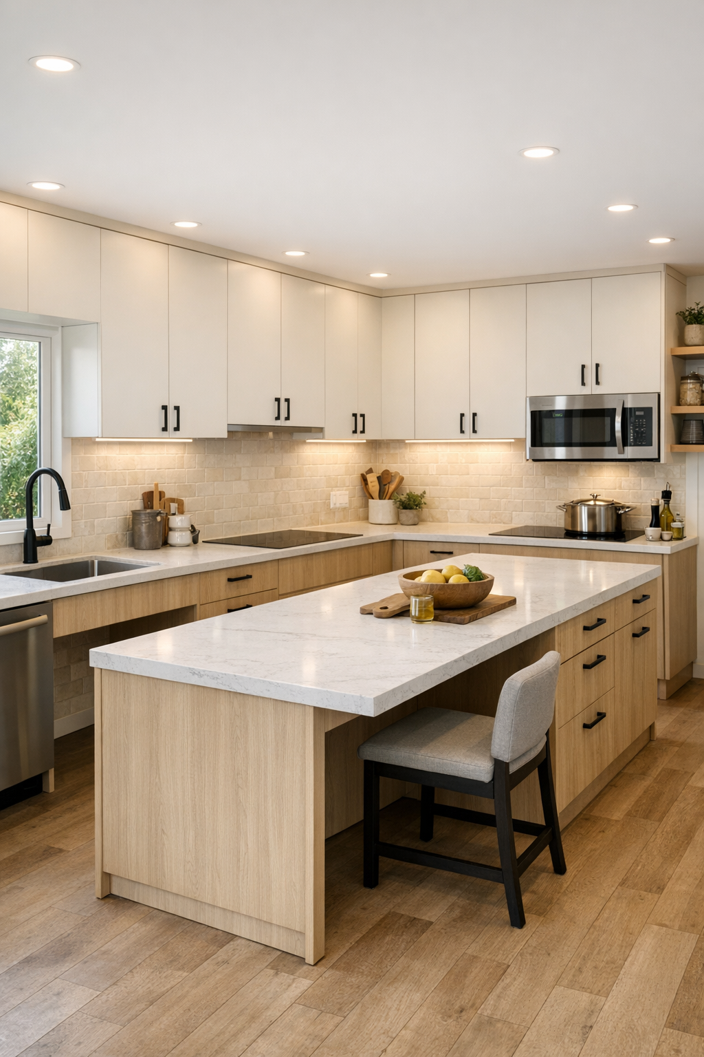 Accessible kitchen with pale oak cabinetry, quartz counters, and a functional island