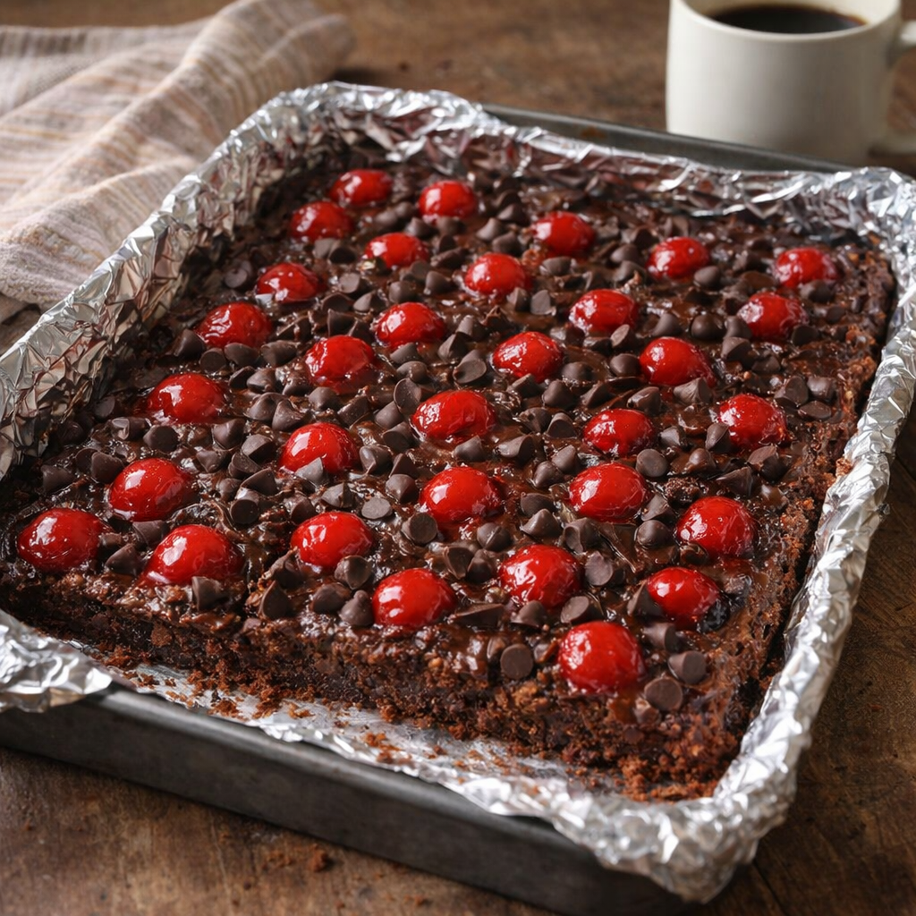 Chocolate cherry bars cooling in a foil-lined pan on a farmhouse counter