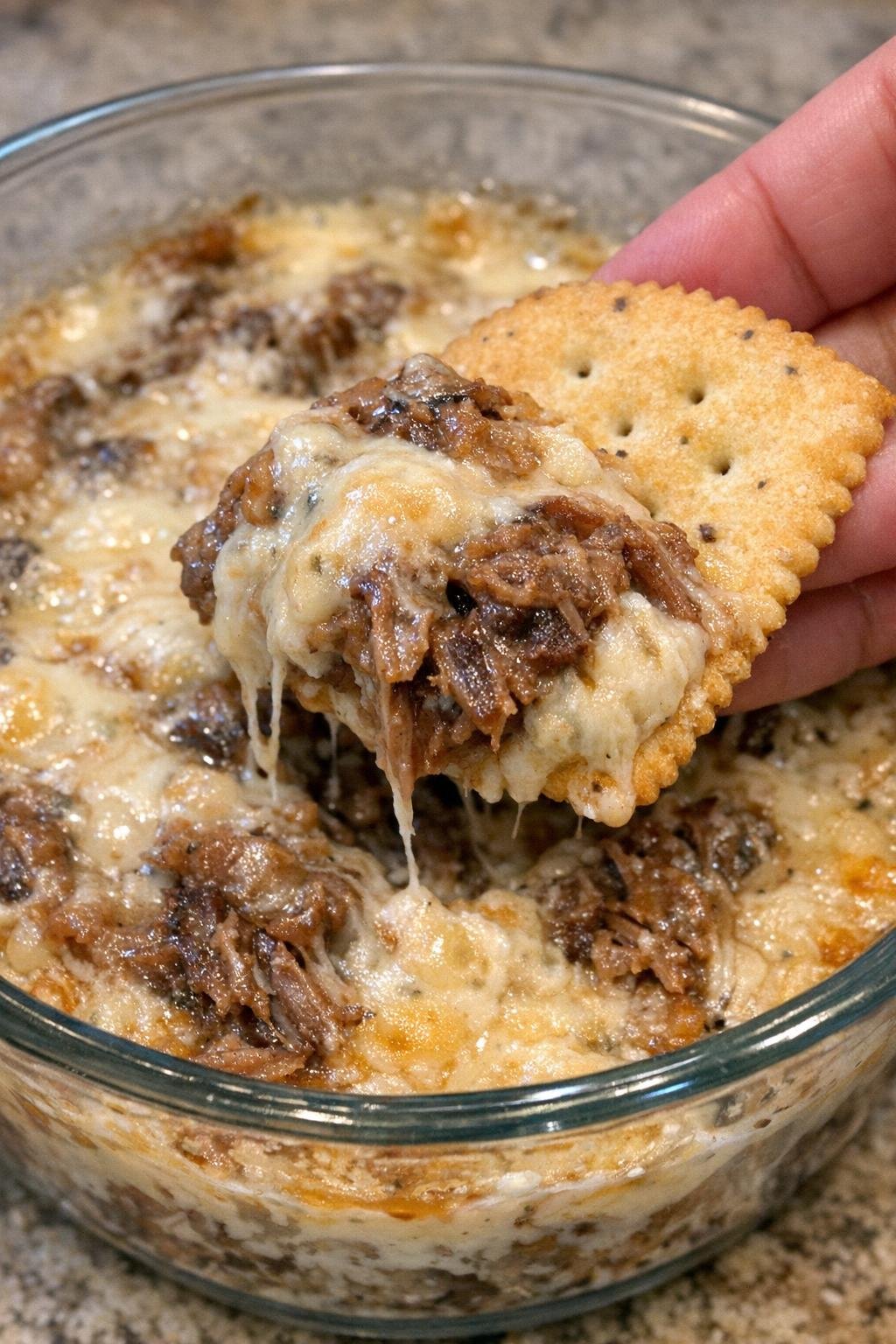 Brisket Ellsworth dip in a glass bowl with a cracker scooping some up