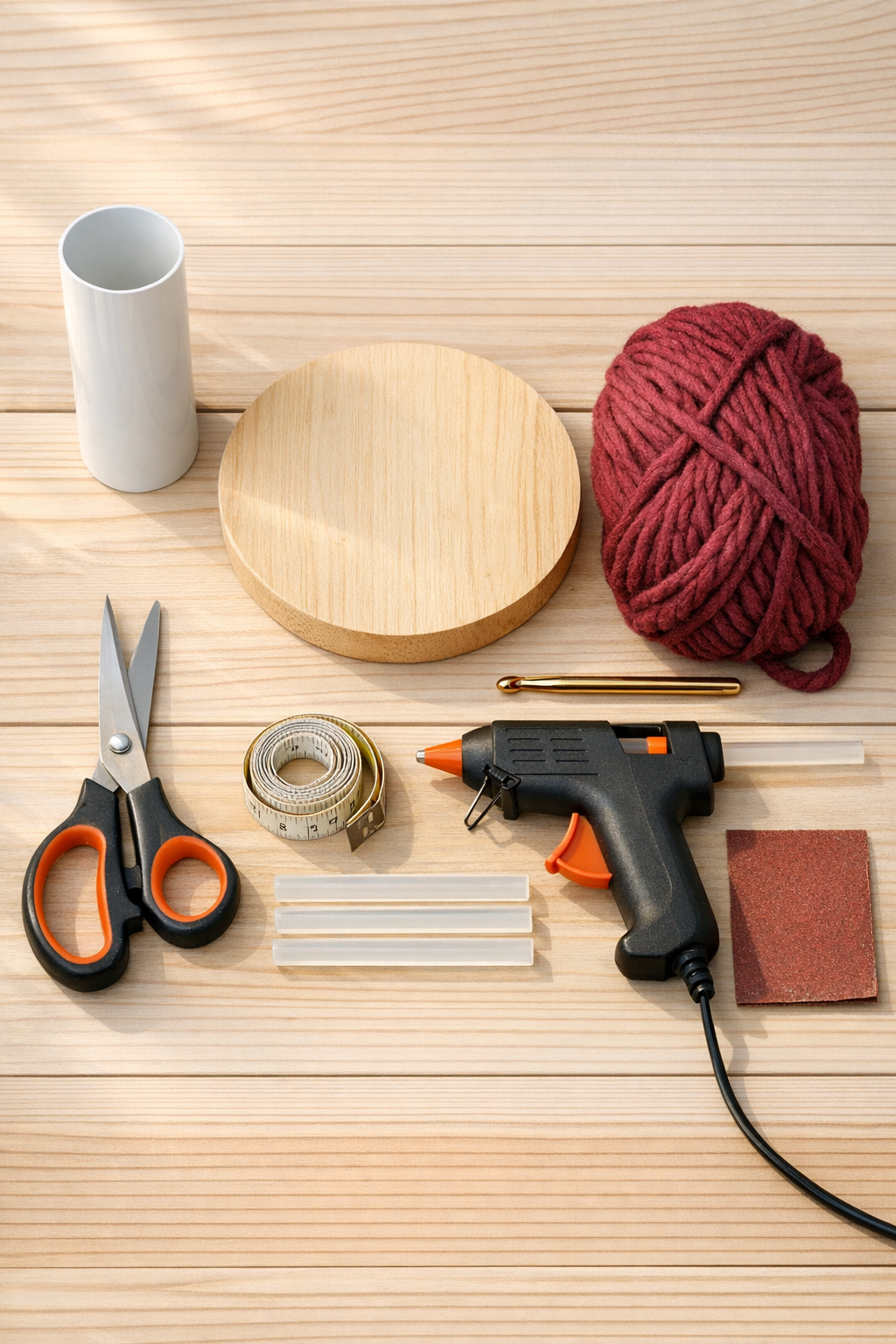Materials for a crochet wine holder laid out on a table