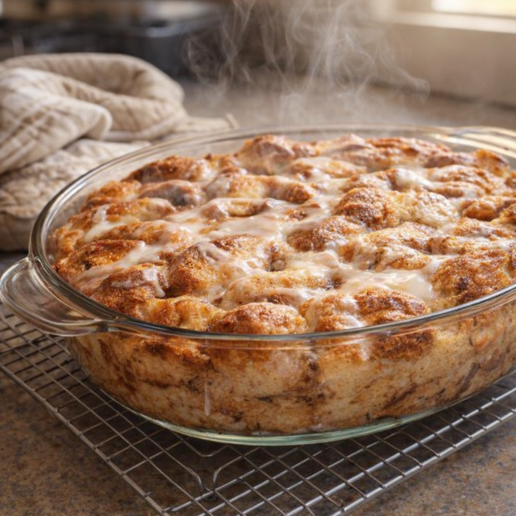 Freshly baked cinnamon roll casserole cooling on the counter