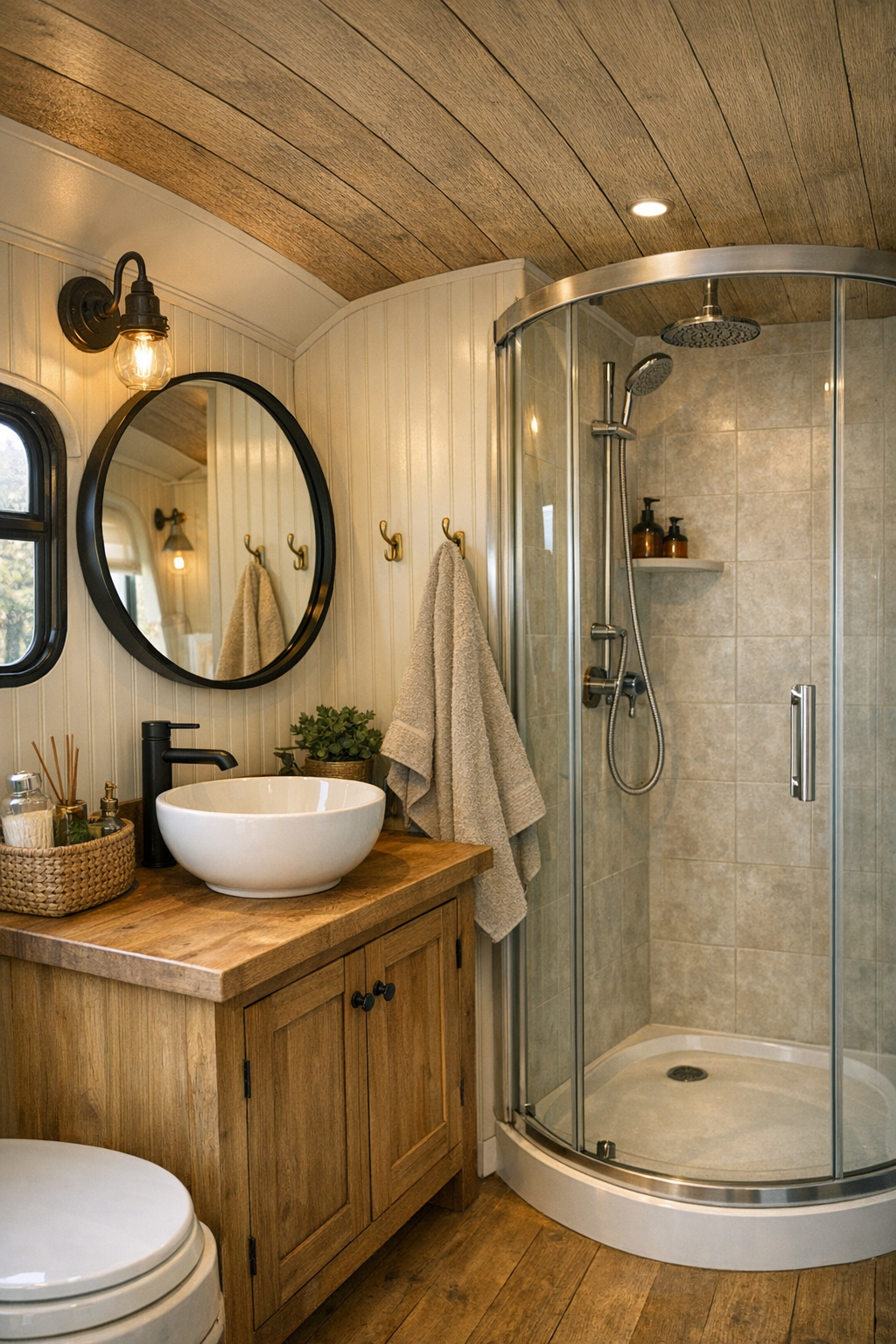 Compact rustic bus bathroom with wood vanity and round mirror