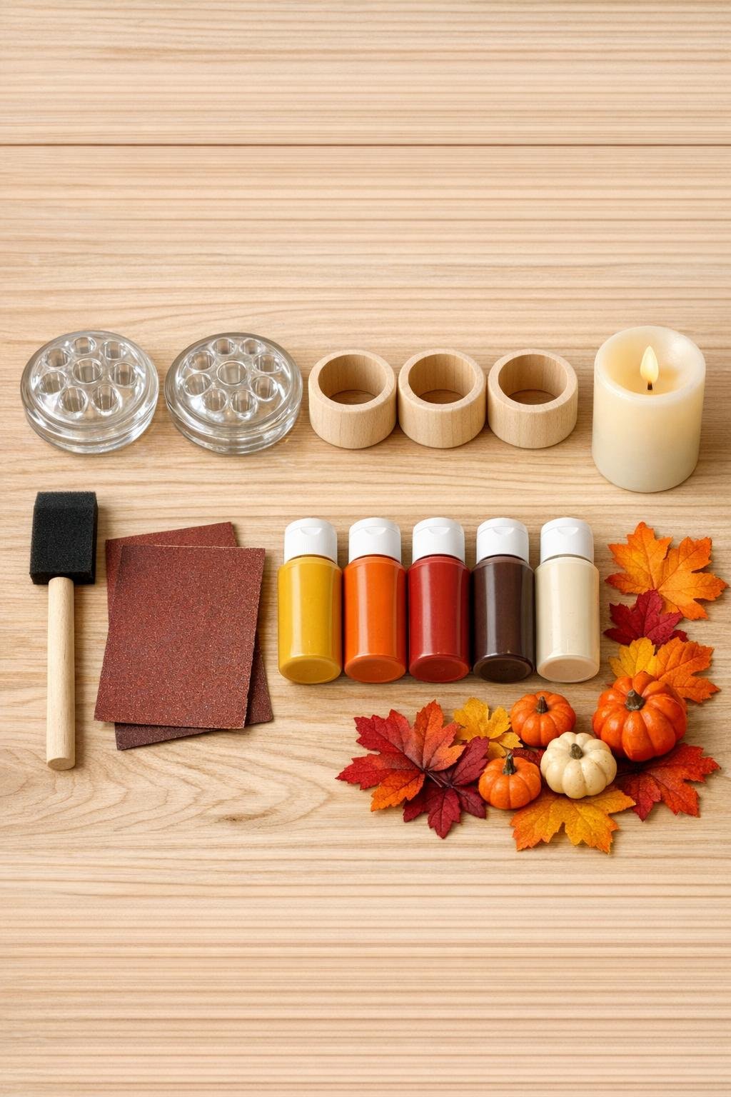 Materials laid out for a fall candle pedestal craft