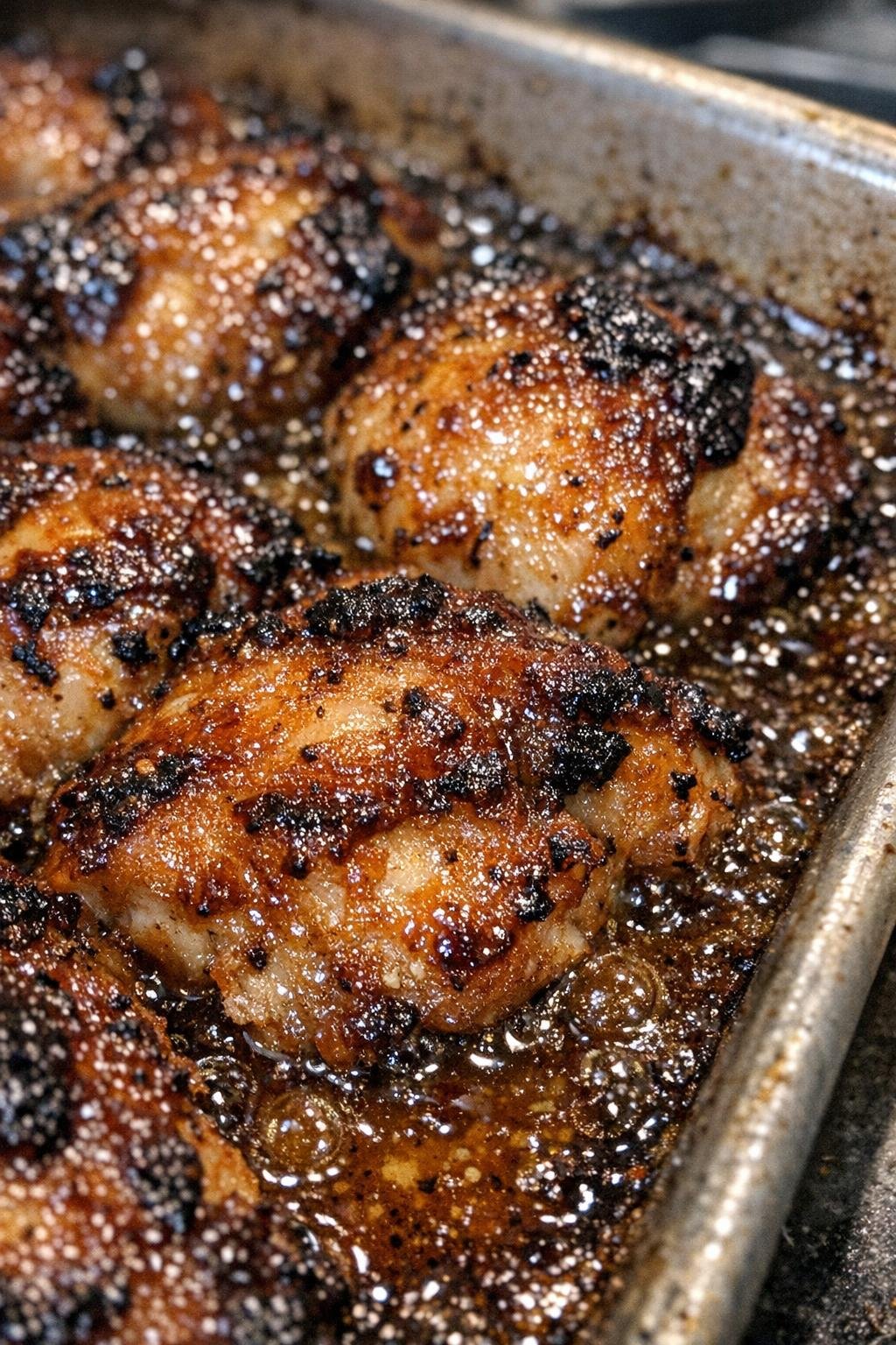 Glistening roasted protein bake in a metal baking sheet