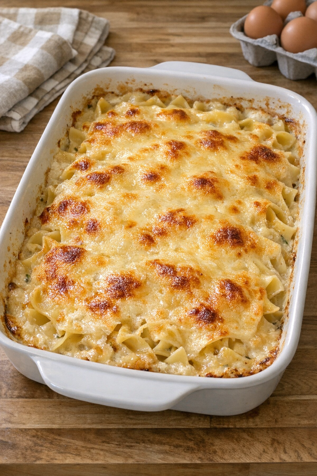 Finished baked havarti noodle casserole in a baking dish