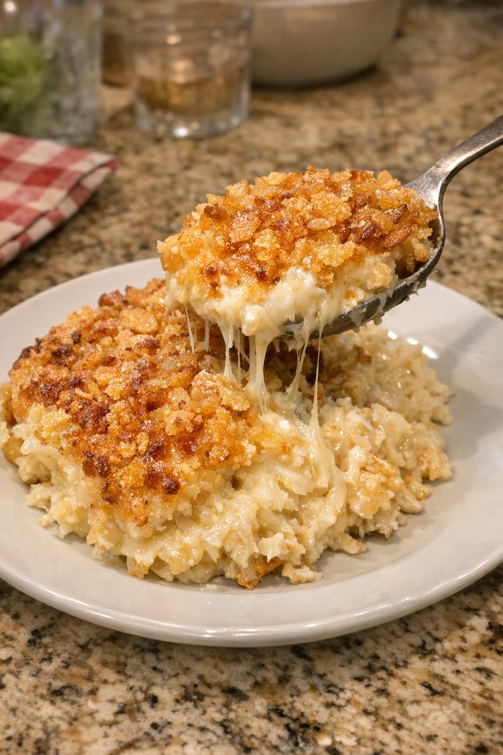Finished plated hash brown casserole with crispy top and creamy center