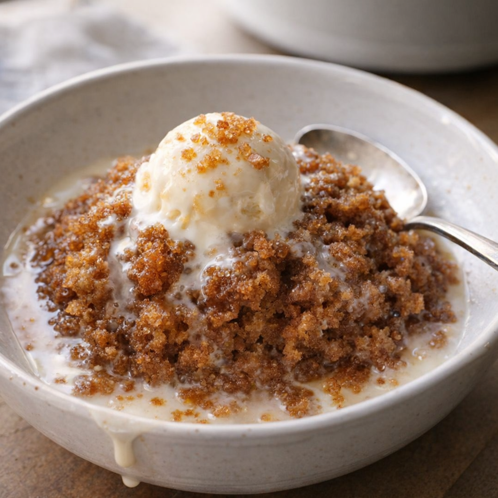Slow cooker root beer float cake in a serving bowl