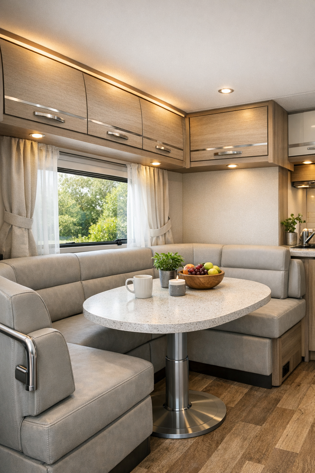 Compact RV dining nook with rounded table and upholstered seating