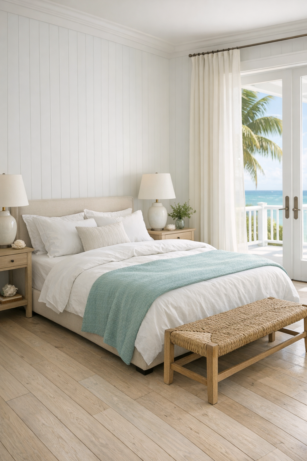 Serene coastal bedroom with a low upholstered bed, white paneled walls, pale wood floors, and muted aqua bedding