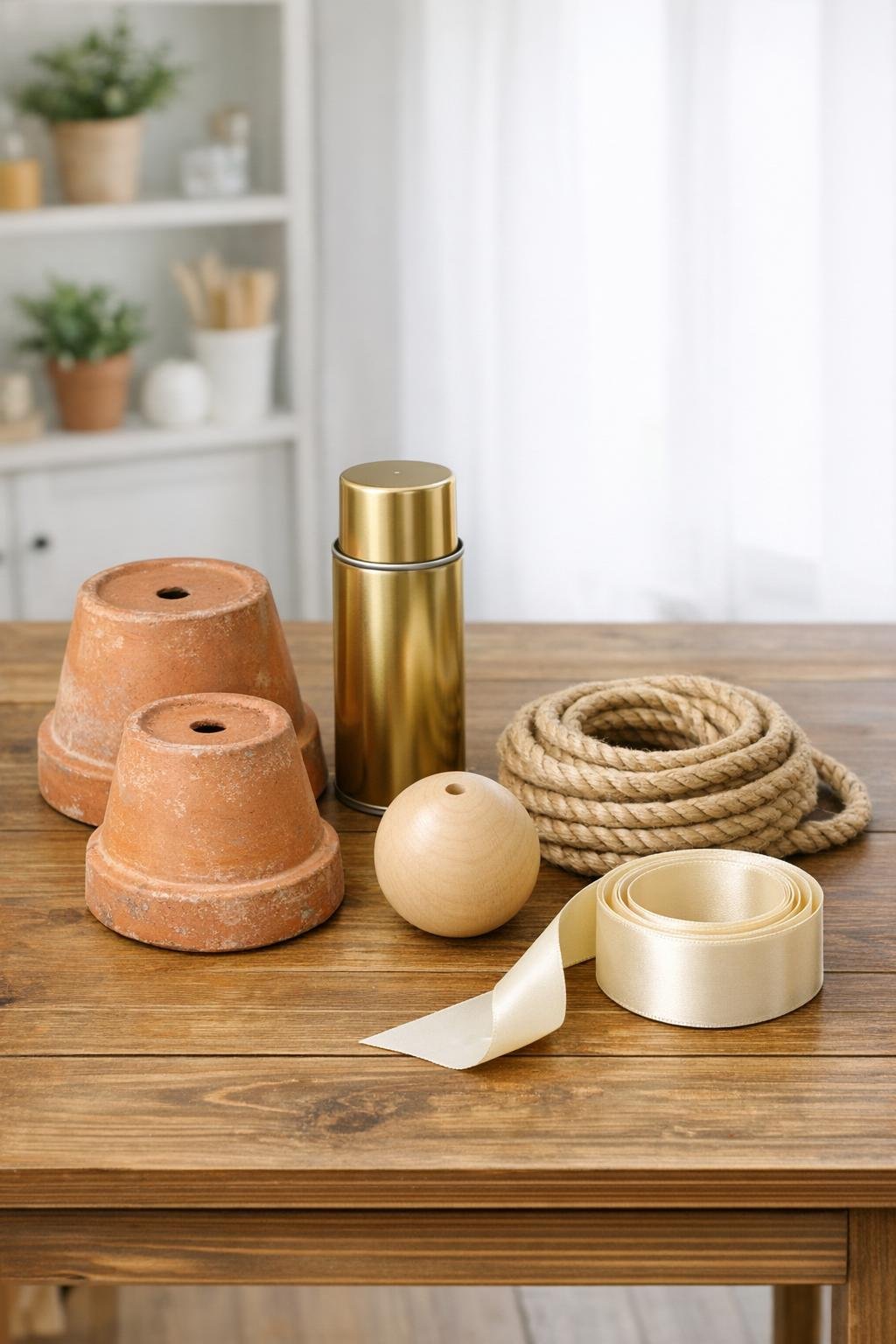 Clay pots, paint, rope, bead, and ribbon laid out as materials