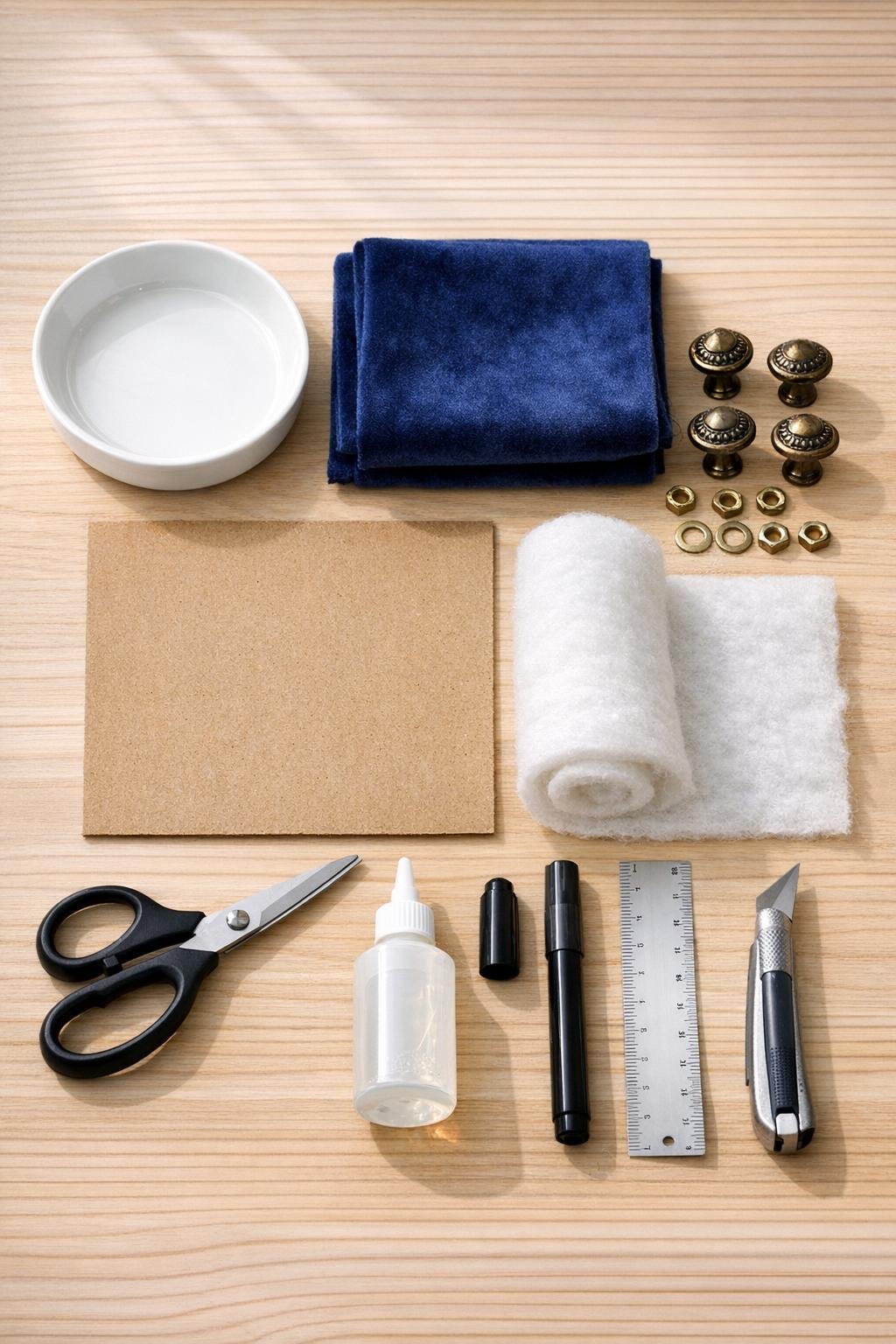 Materials for a velvet dish ring holder laid out neatly