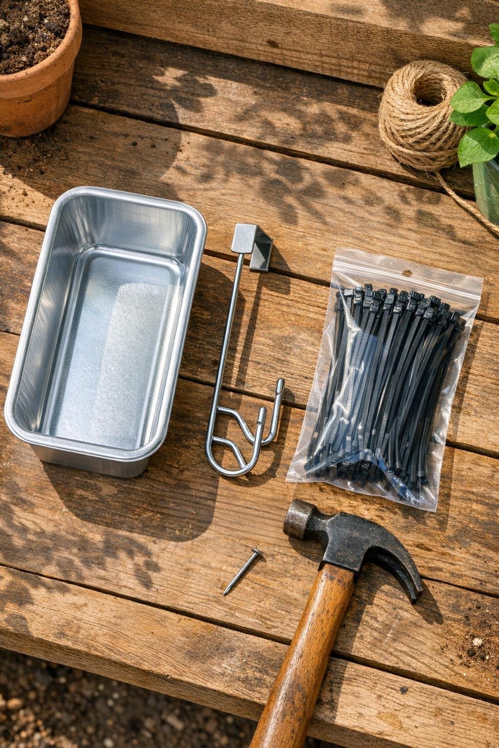 Materials for an aluminum loaf pan vine clip organizer laid out on a potting bench