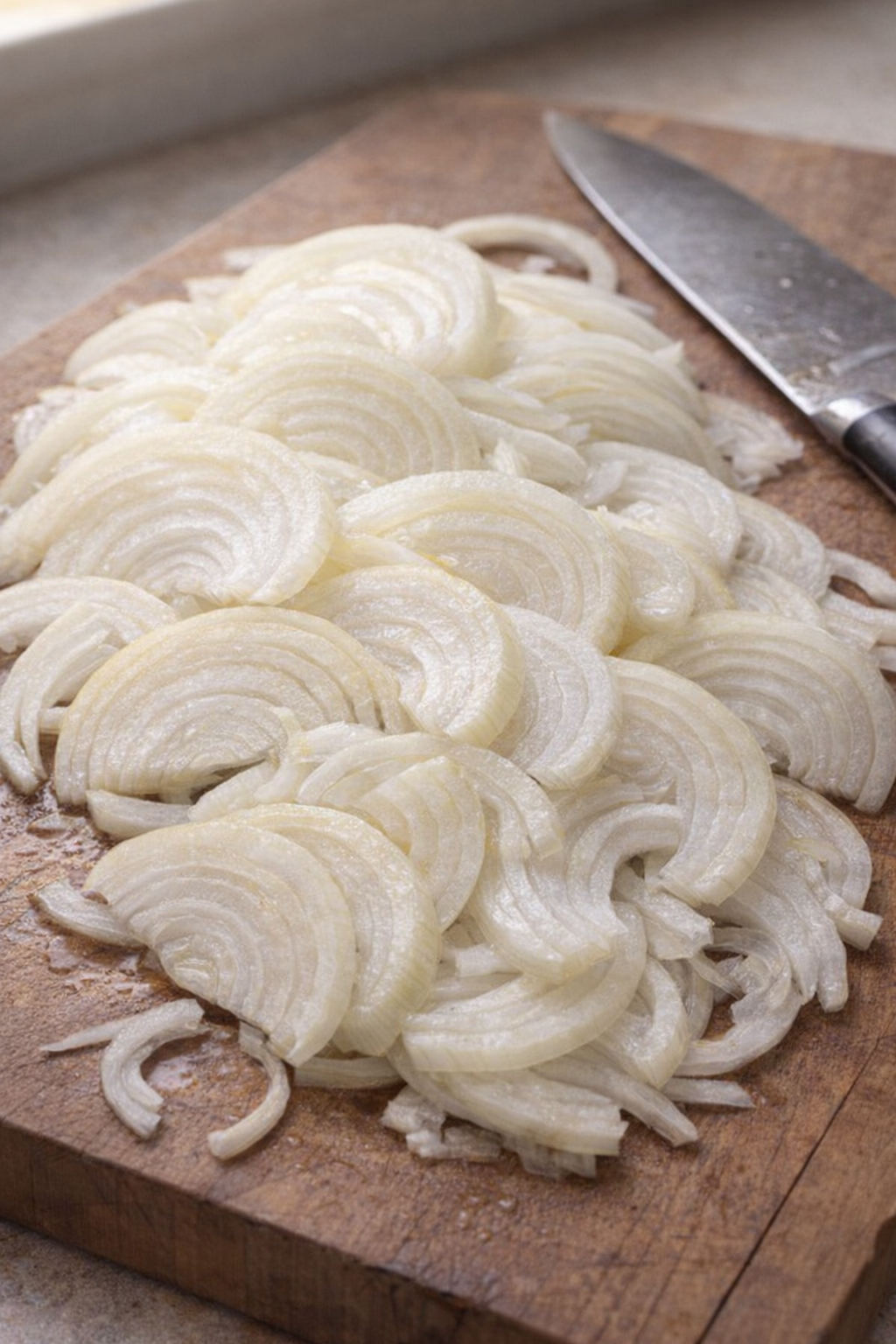 Thinly sliced onions on a cutting board