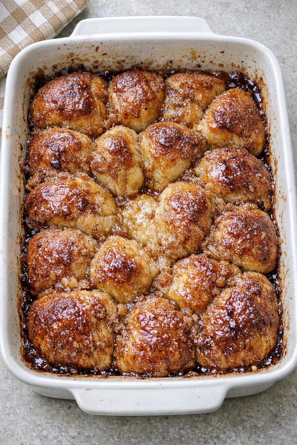 Finished baked bread dough dessert in baking dish