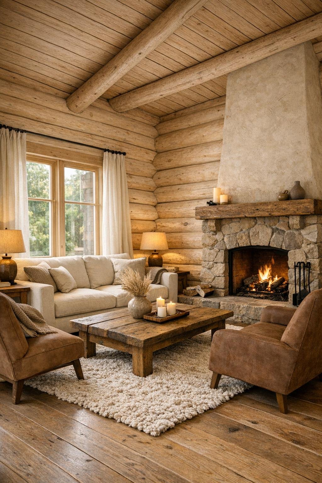 Rustic modern living room inside a small log home with pale log walls and warm neutral furnishings