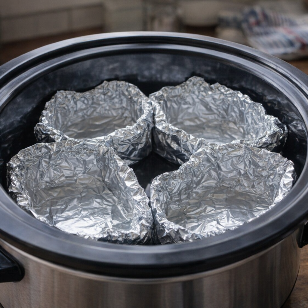 Heavy-duty foil sheets shaped into boats inside a slow cooker