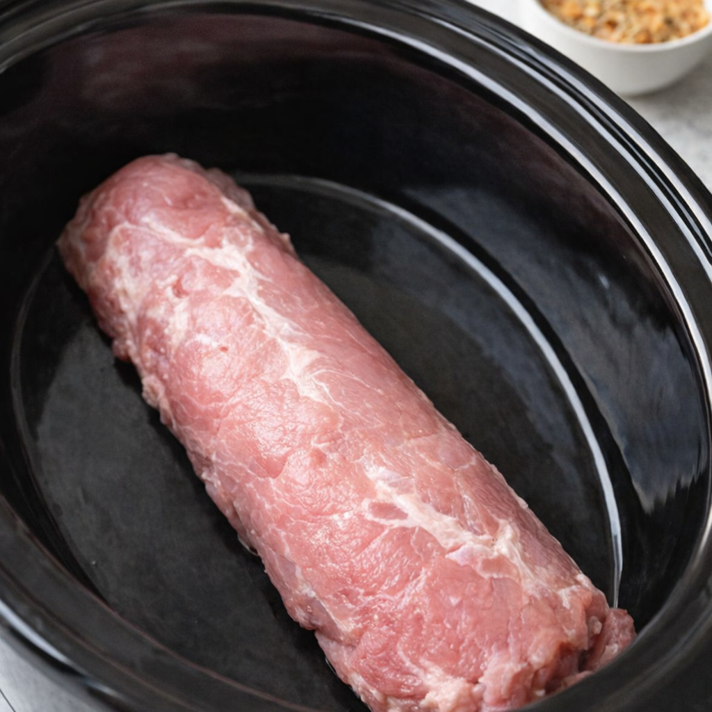 Raw pork tenderloin placed in a slow cooker