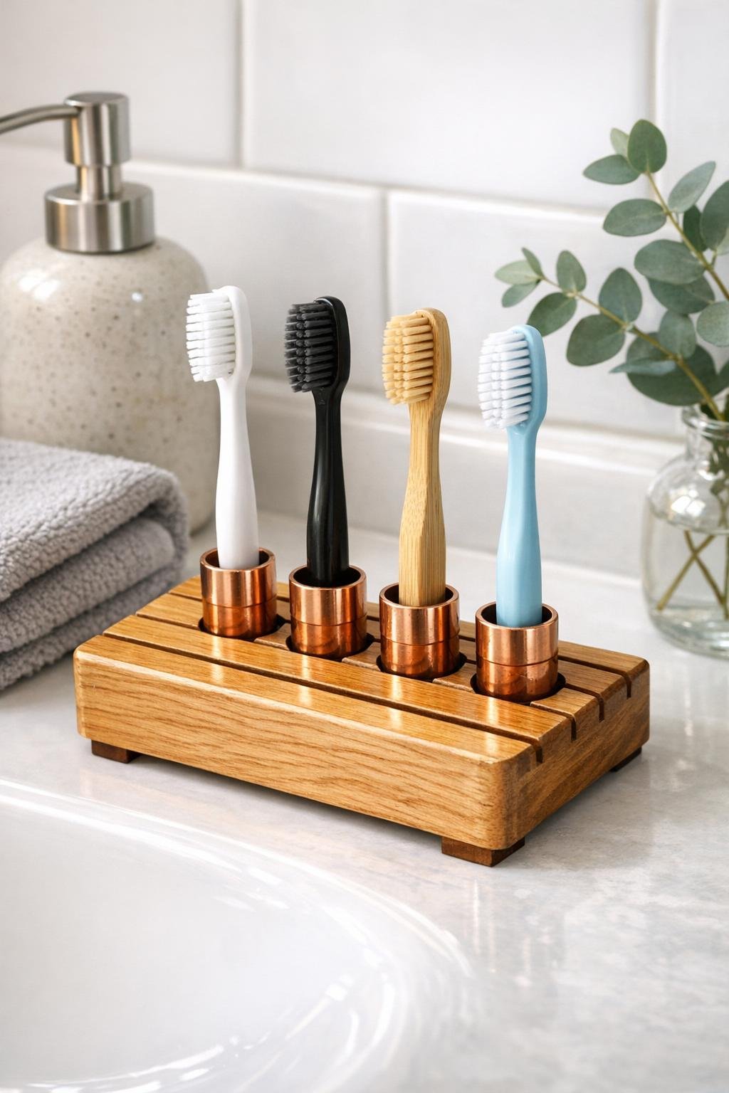 Finished copper fitting toothbrush holder on a bathroom sink