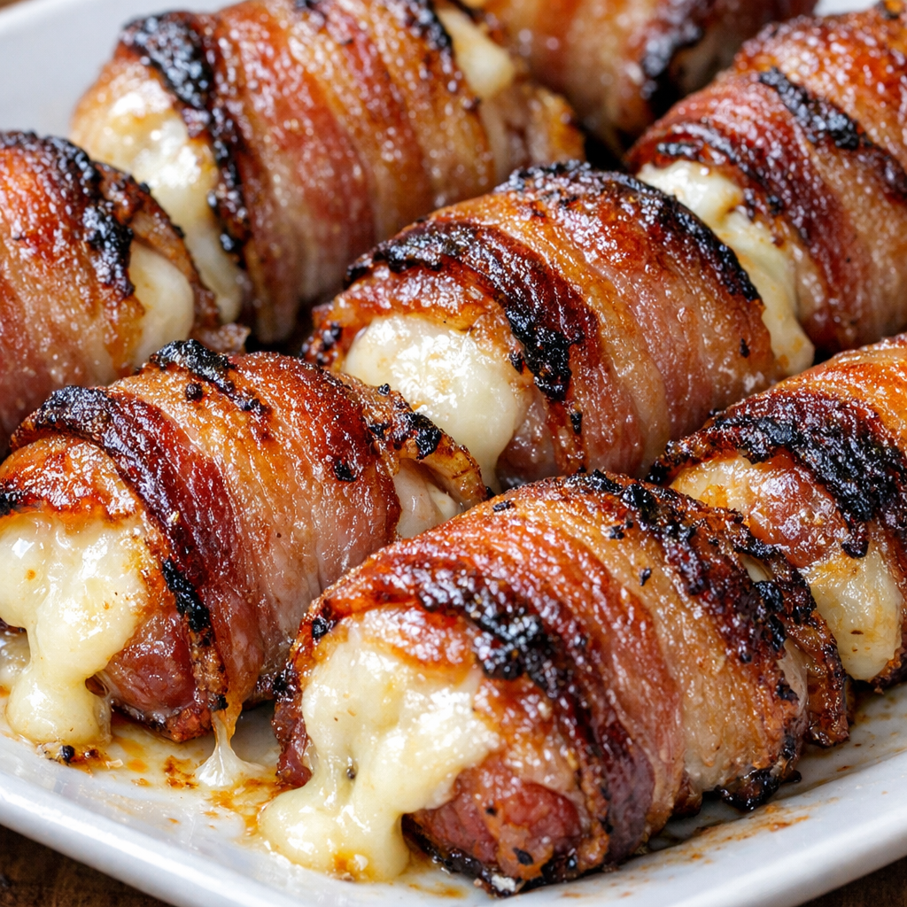 Low carb bacon mozzarella bombs fresh from cooking