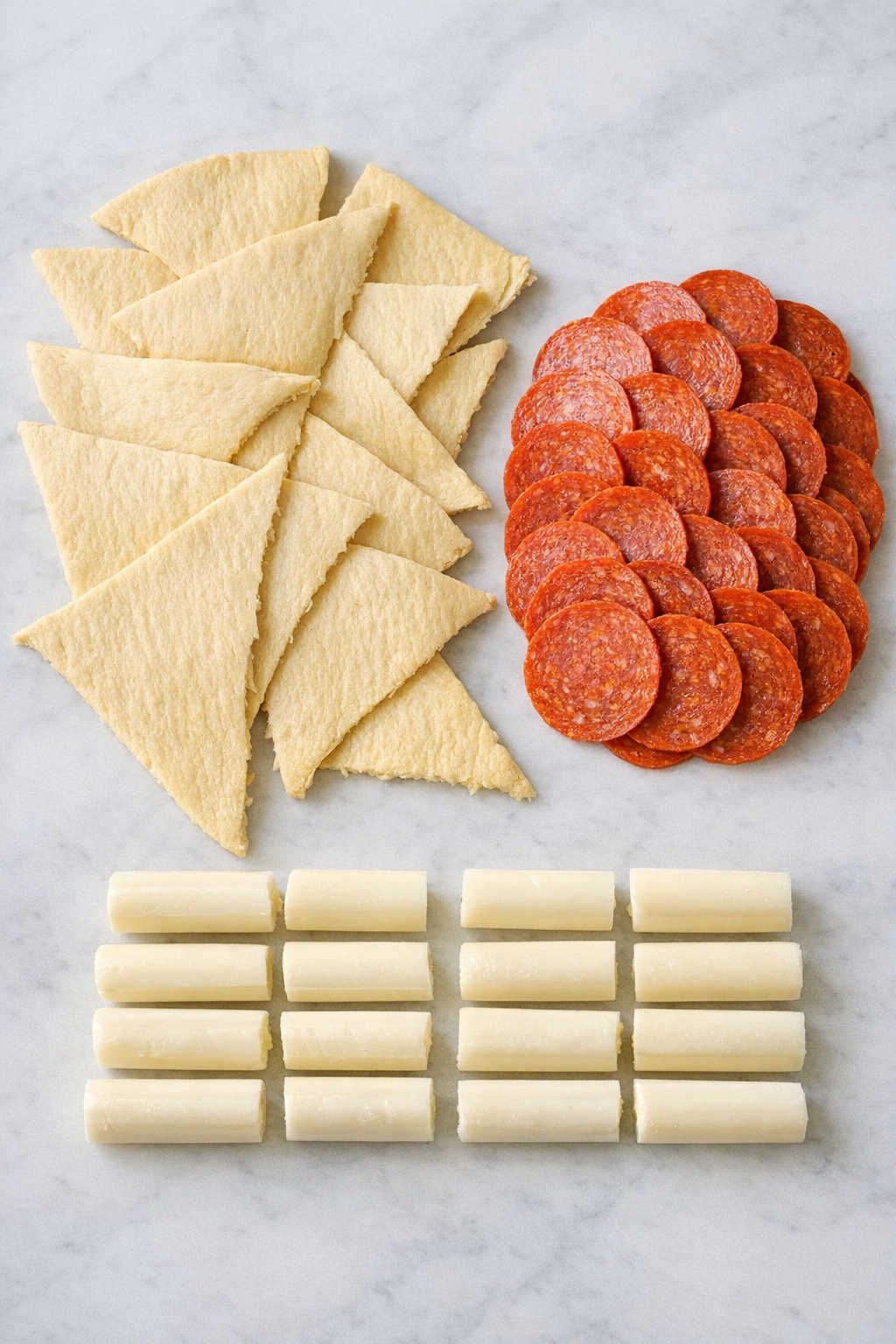 Crescent dough, pepperoni, and mozzarella arranged for prep
