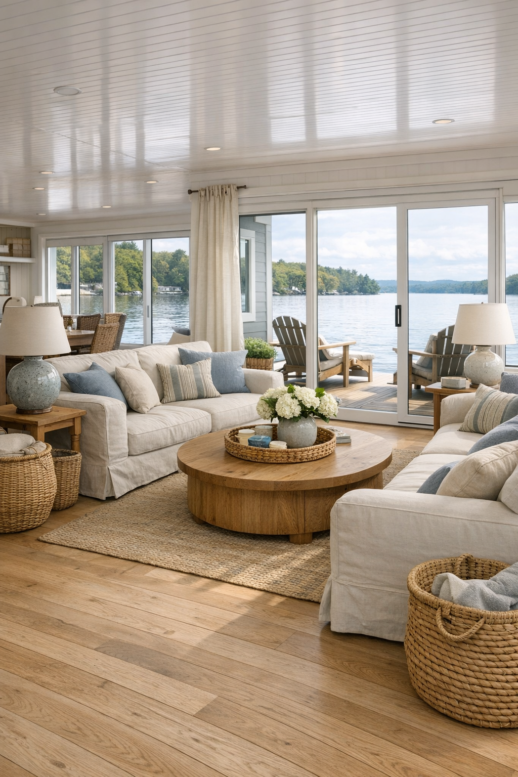 Bright lake houseboat living room with slipcovered sofas, pale wood finishes, and wide open layout