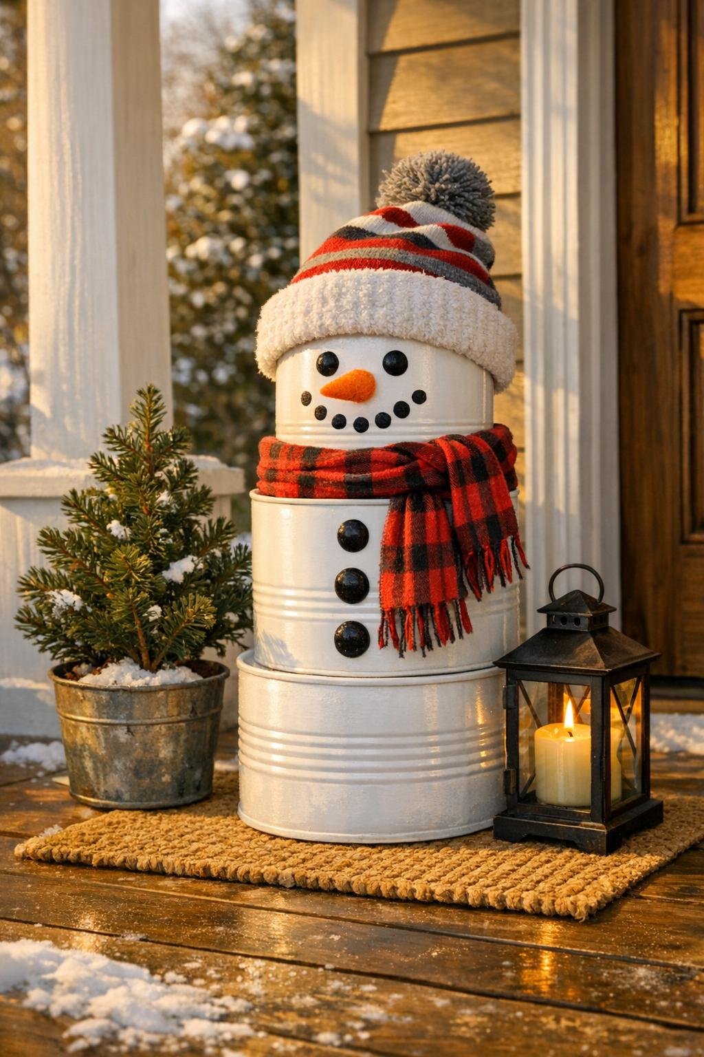 Finished tin can snowman holiday decoration on display