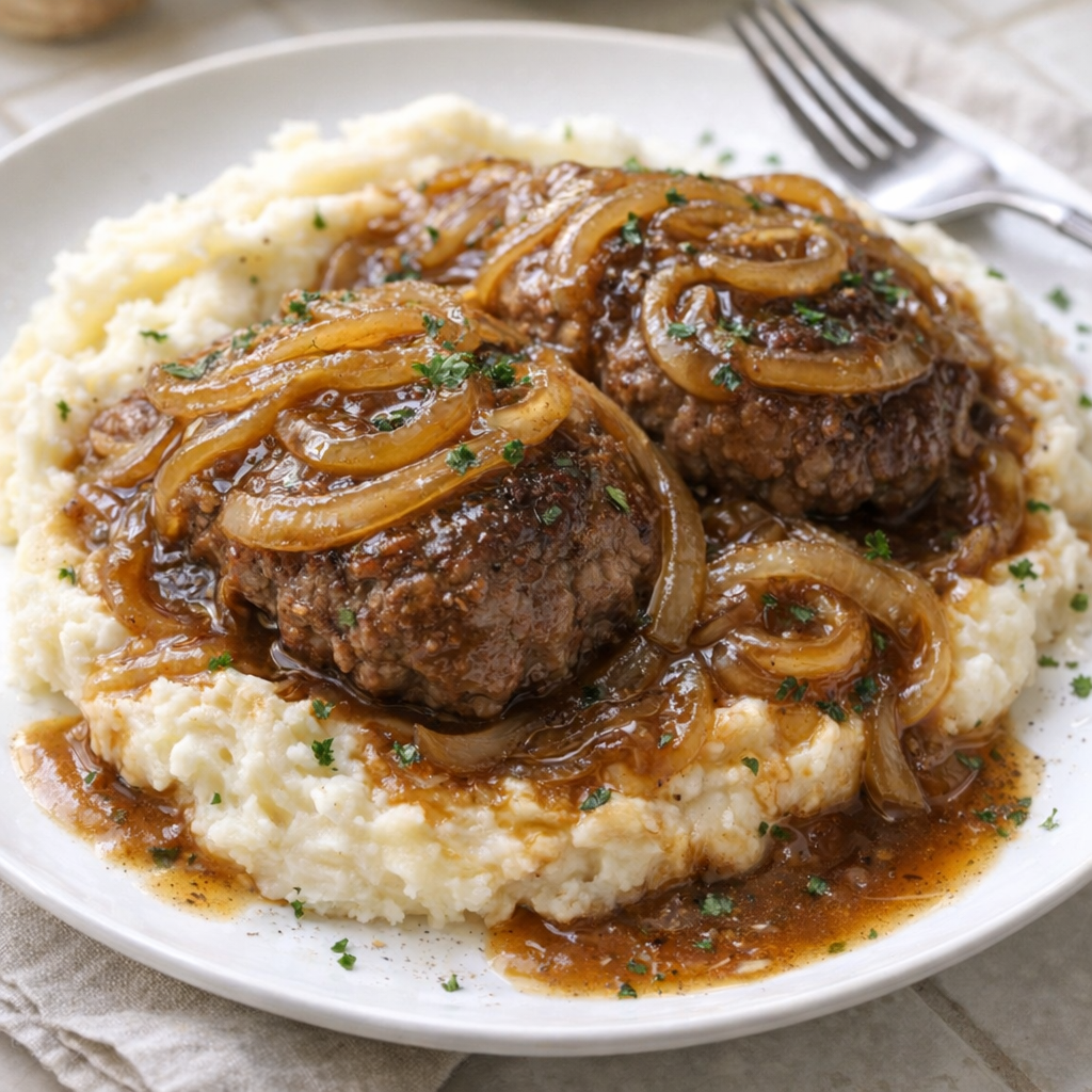 Slow cooker French onion burger steaks served over mashed potatoes