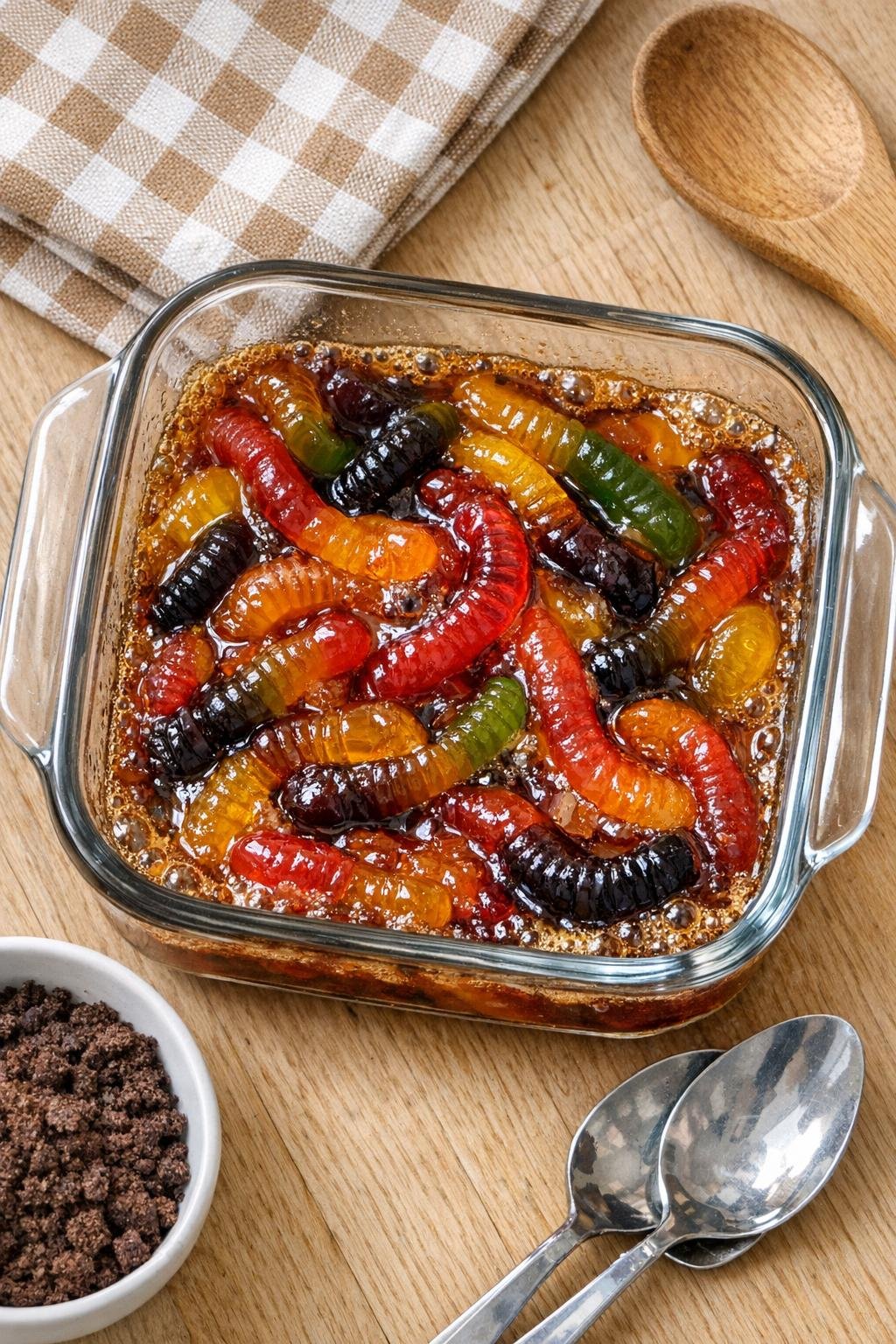 Finished baked gummy dessert in a glass baking dish