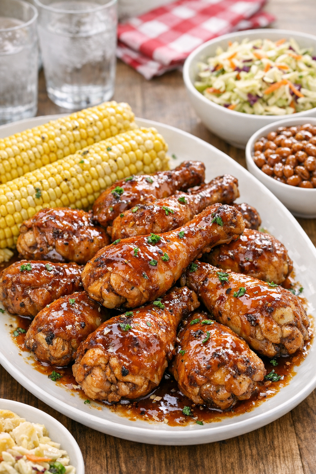 Plated slow cooker chicken with summer sides