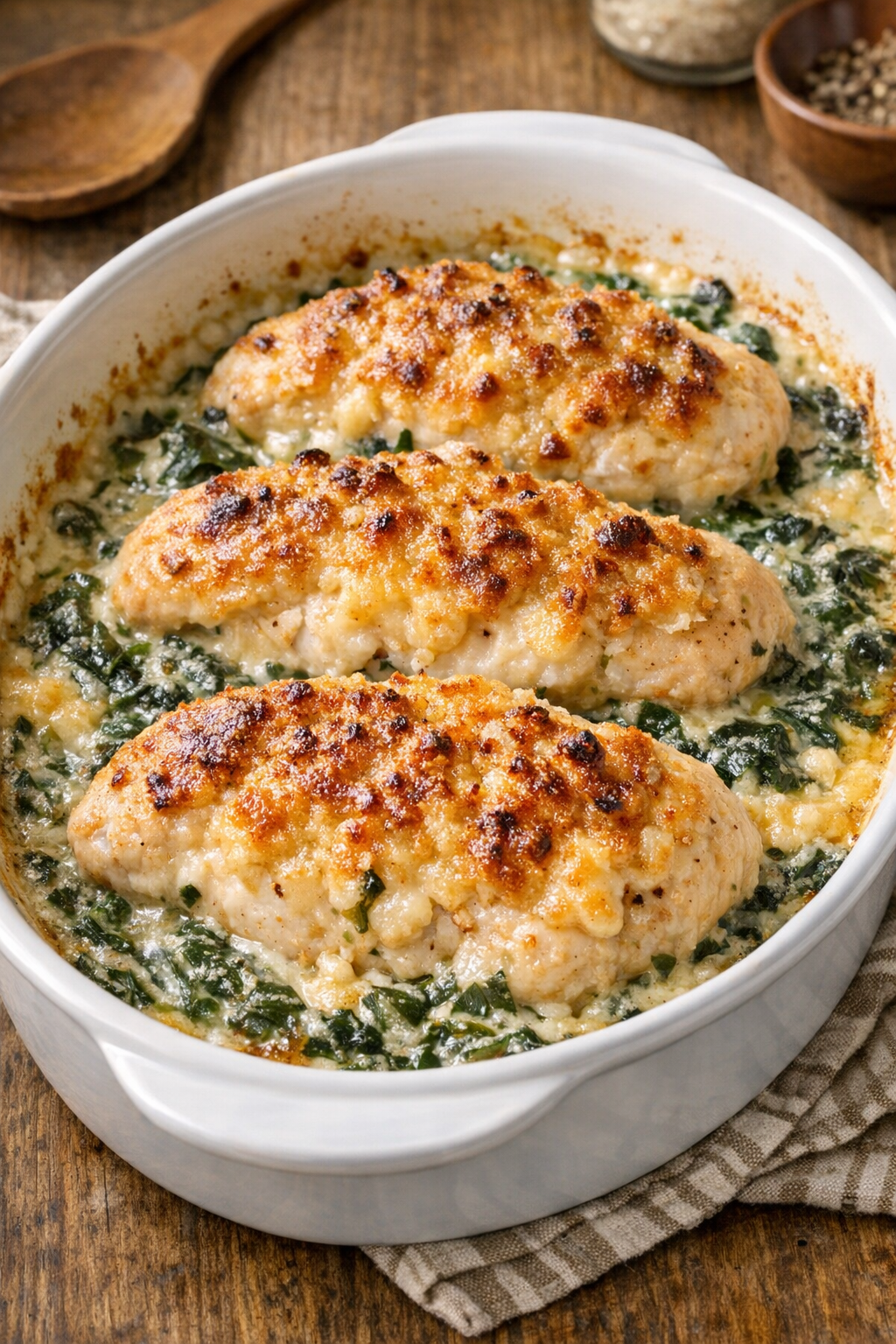 Baked chicken Florentine casserole fresh from the oven