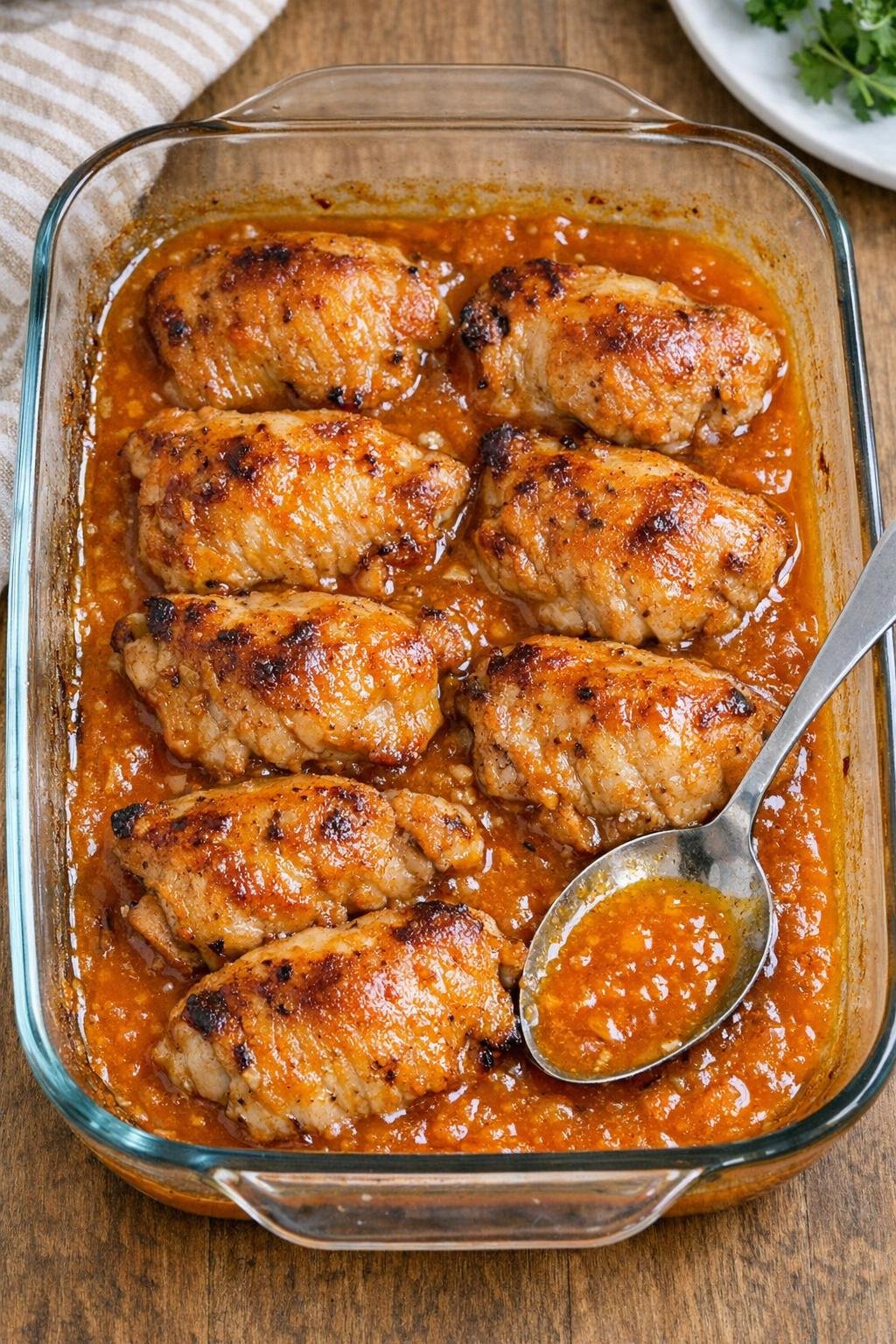 Baked chicken thighs in orange sauce in a glass baking dish