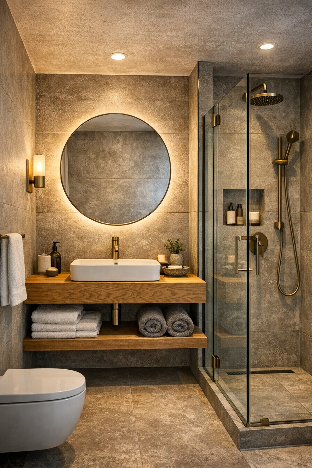 Warm minimalist bathroom with floating oak vanity, brass fixtures, and glass shower