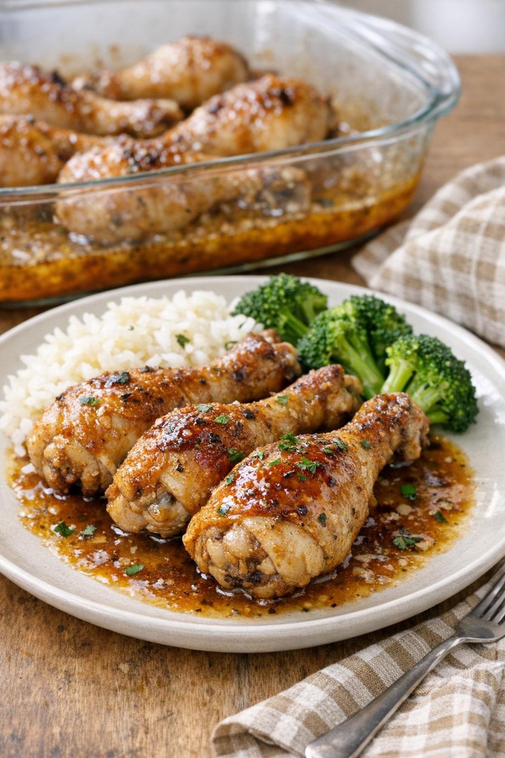 Finished baked chicken drumsticks on a plate