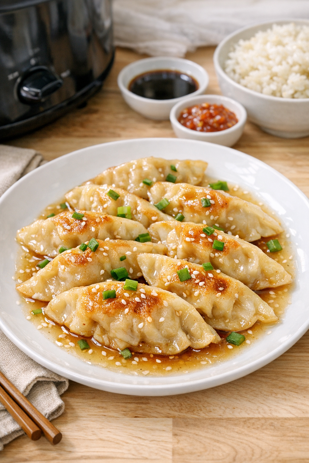 Finished plated pork potstickers with glossy sauce