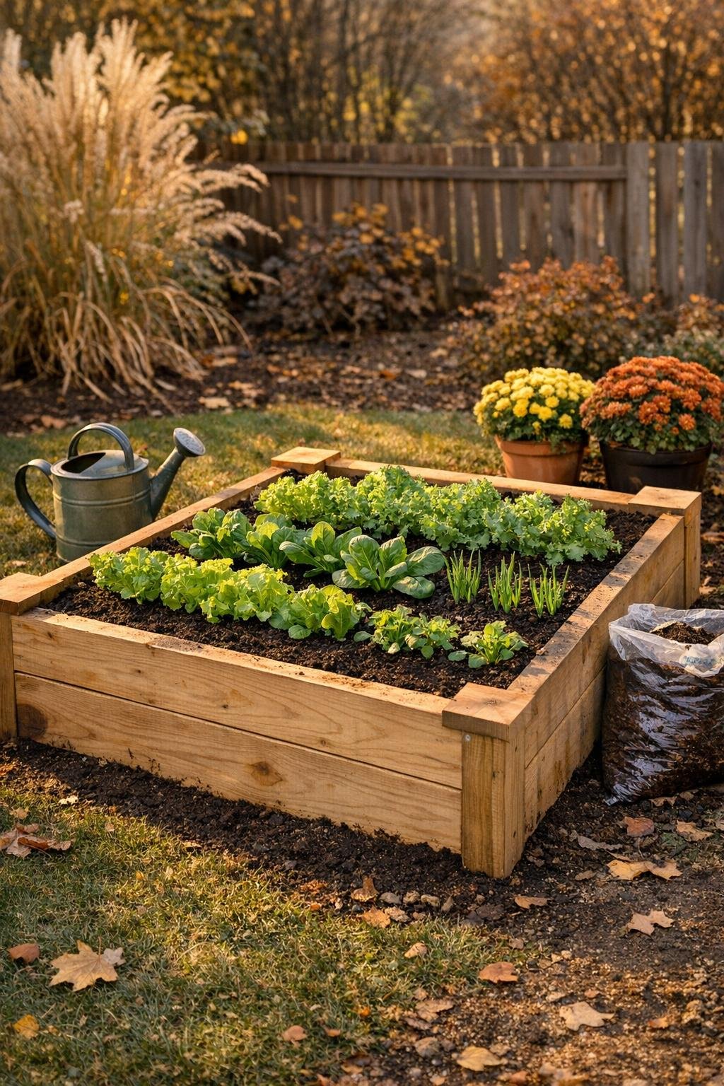 Finished raised bed with hidden tennis ball moisture reservoir beneath the soil