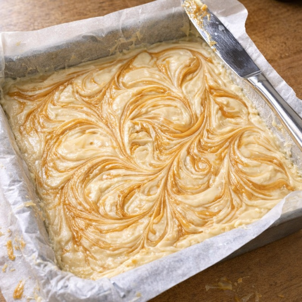 Freshly swirled fudge in parchment-lined pan