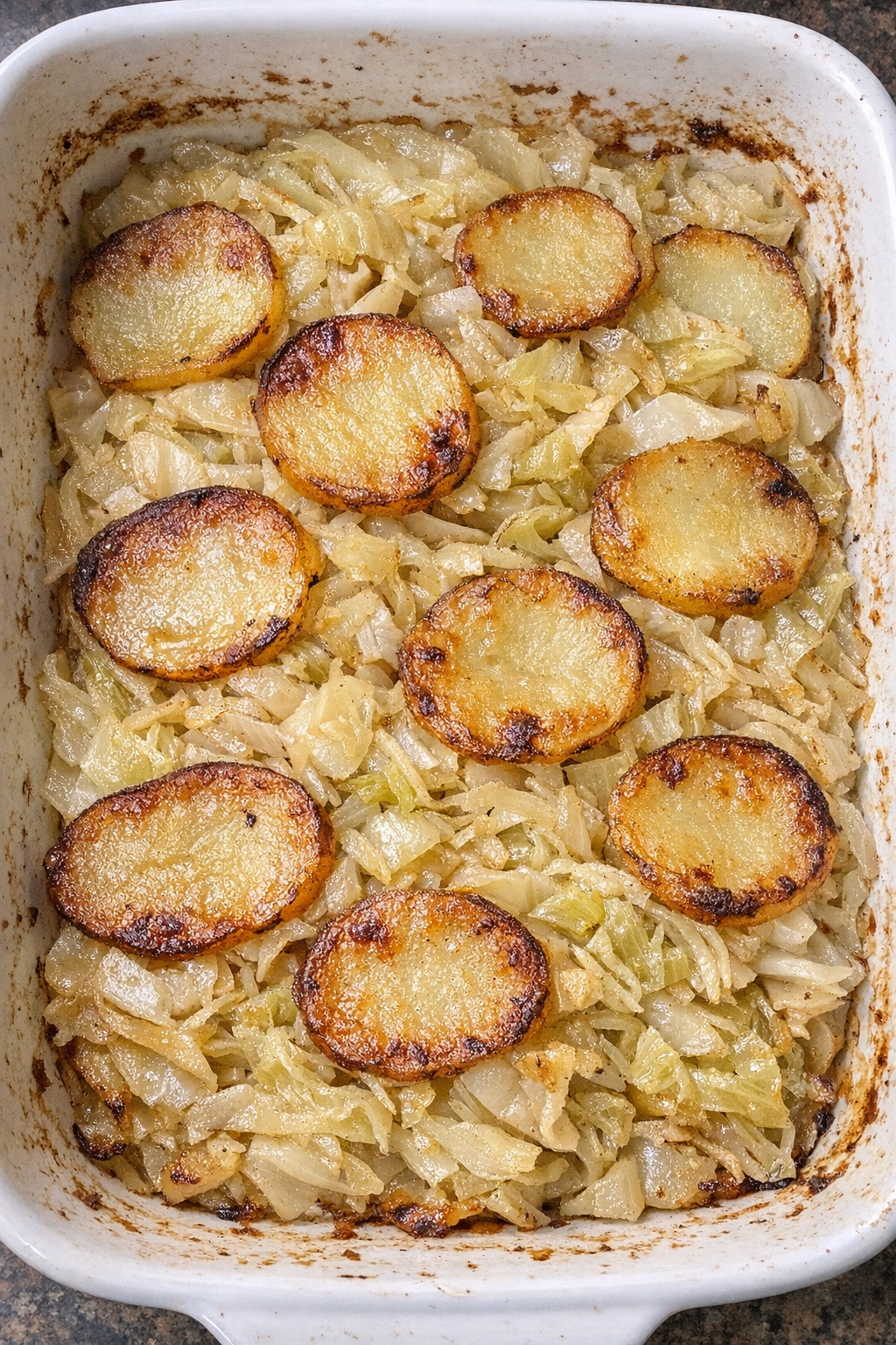 Baked cabbage and potato casserole with golden edges