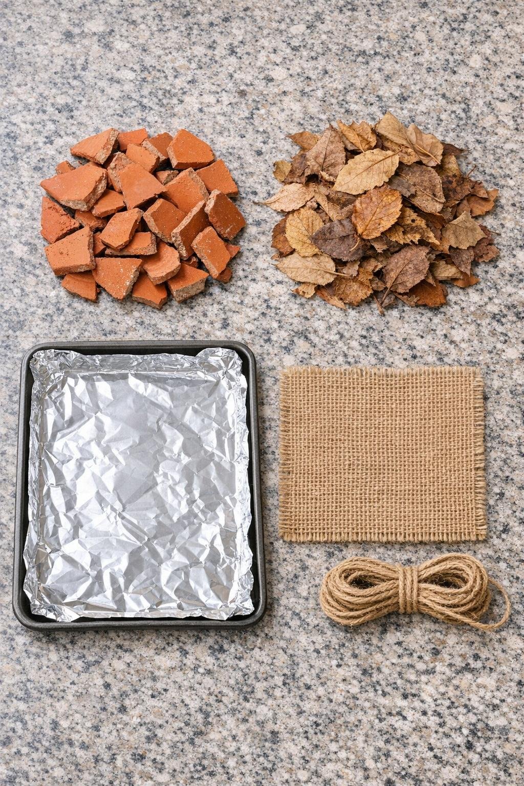 Broken terracotta pot shards and dry leaves laid out as project materials