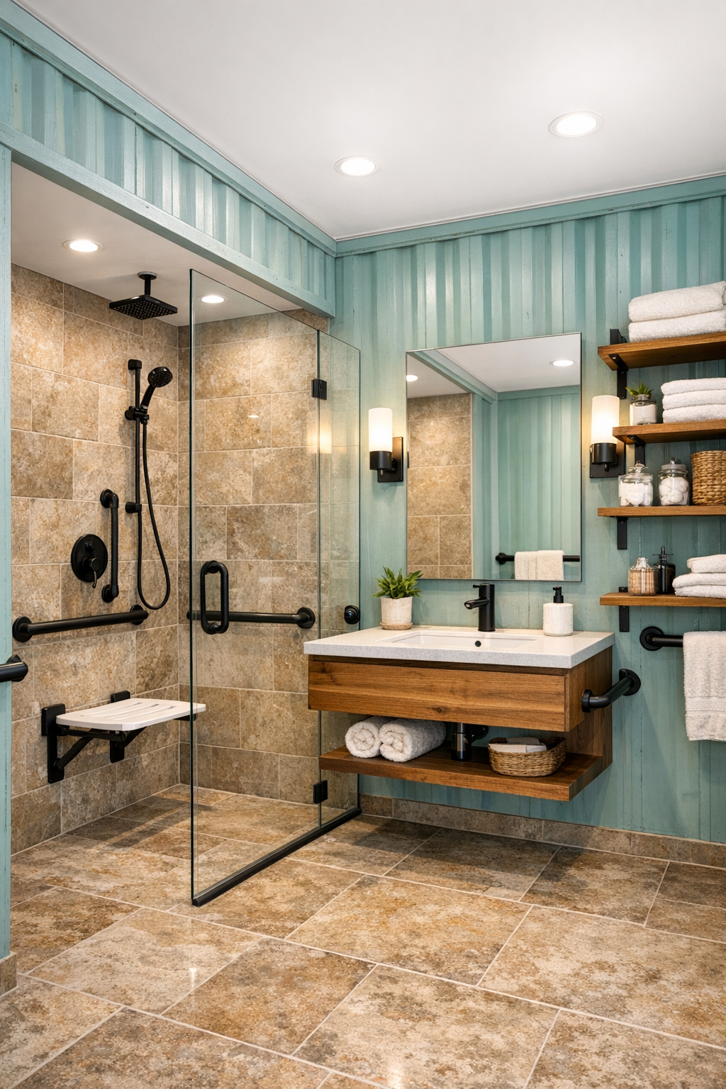 Bright accessible bathroom with curbless shower, warm stone tile, and wood vanity