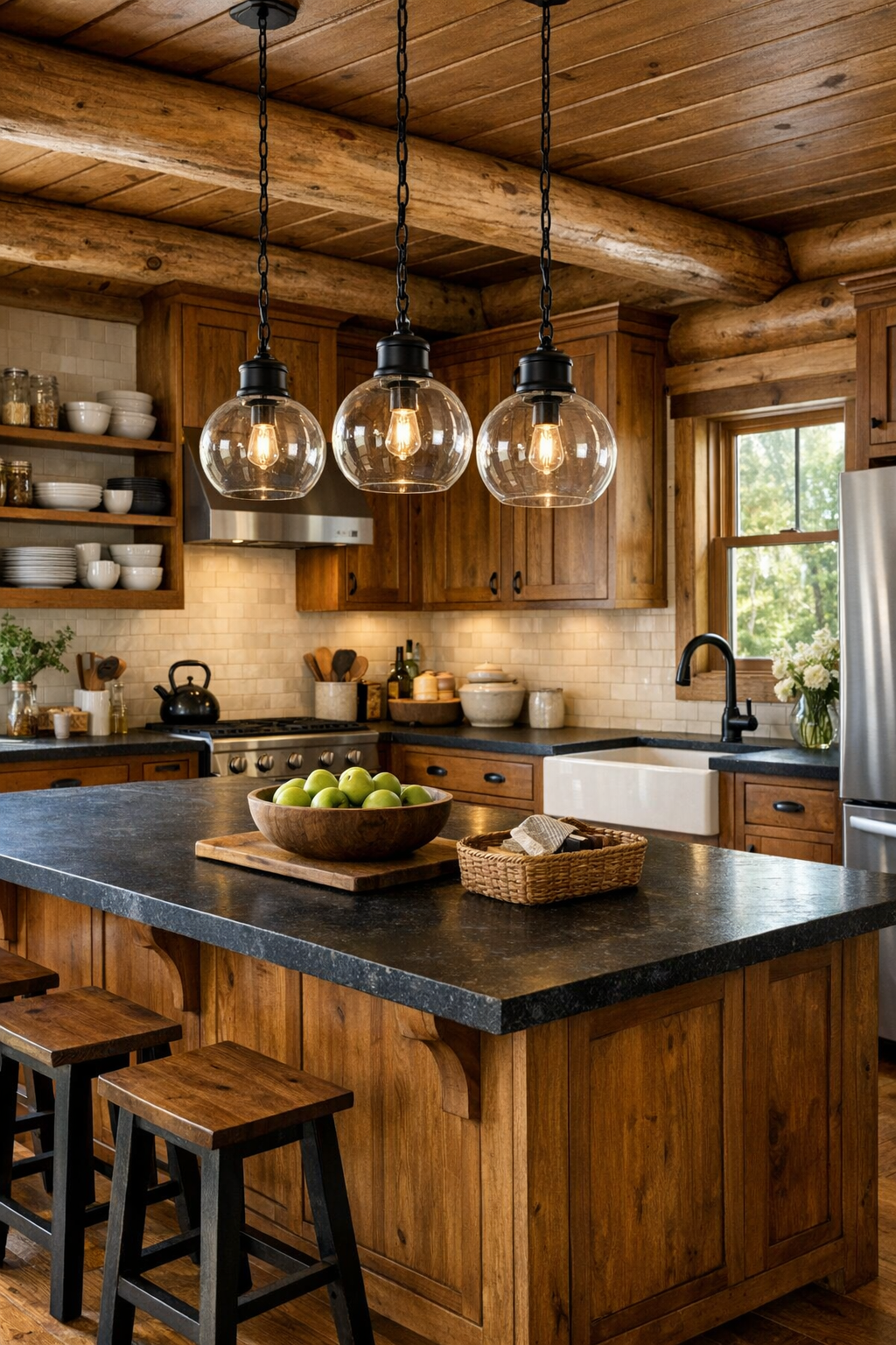 Craftsman kitchen with wood cabinetry, dark counters, and a large central island