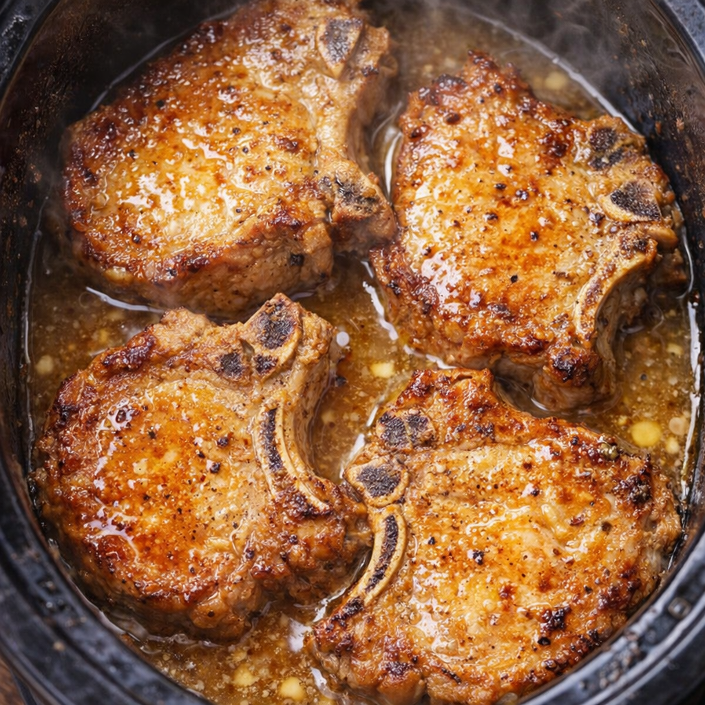 Pork chops cooking in honey butter inside the slow cooker