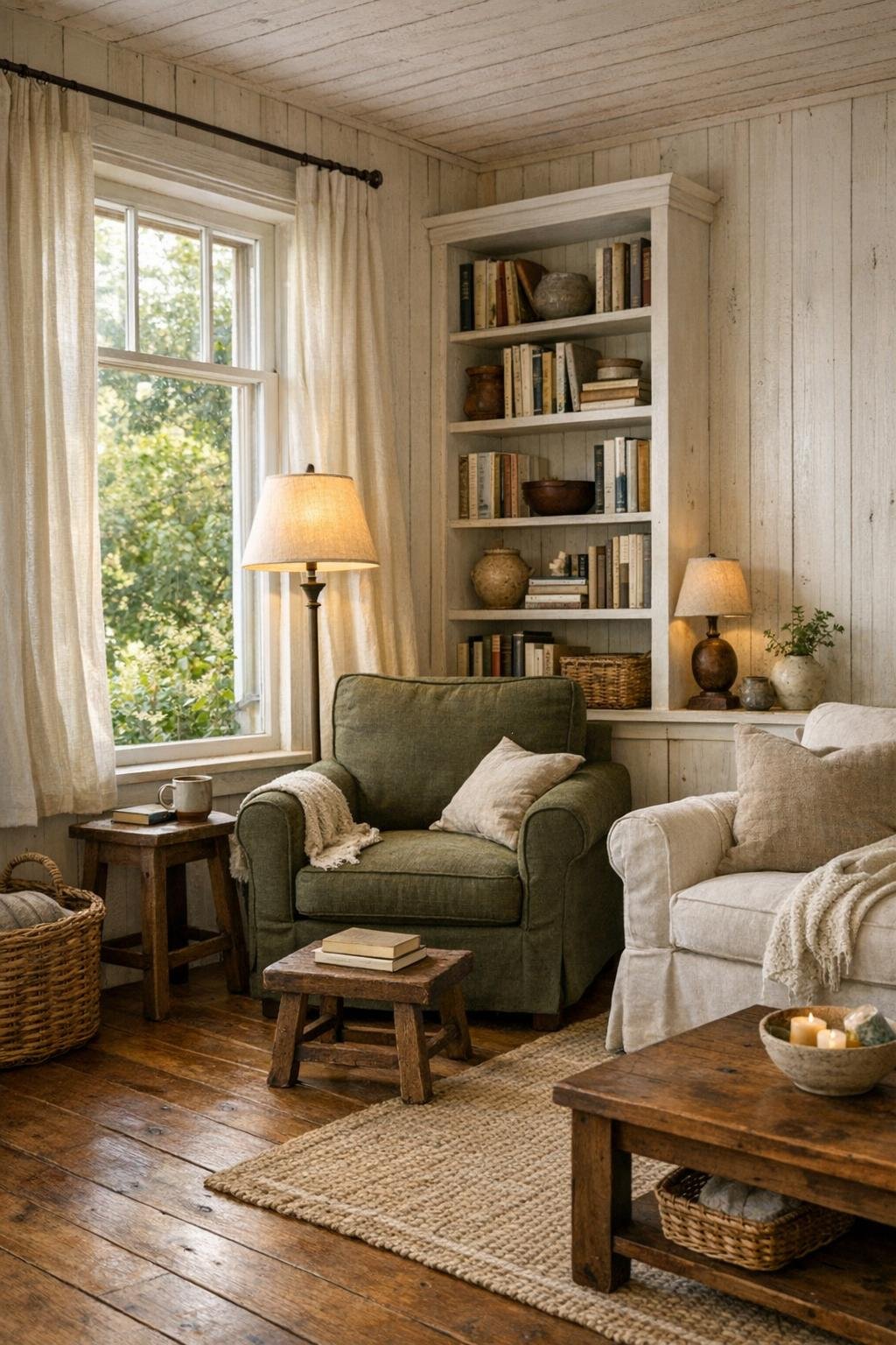 Cozy cottage living room with a reading corner by the window
