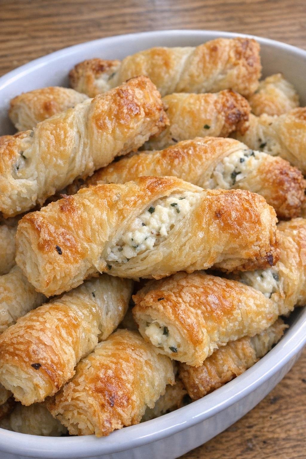 Golden flaky cream cheese pastry twists in a serving dish