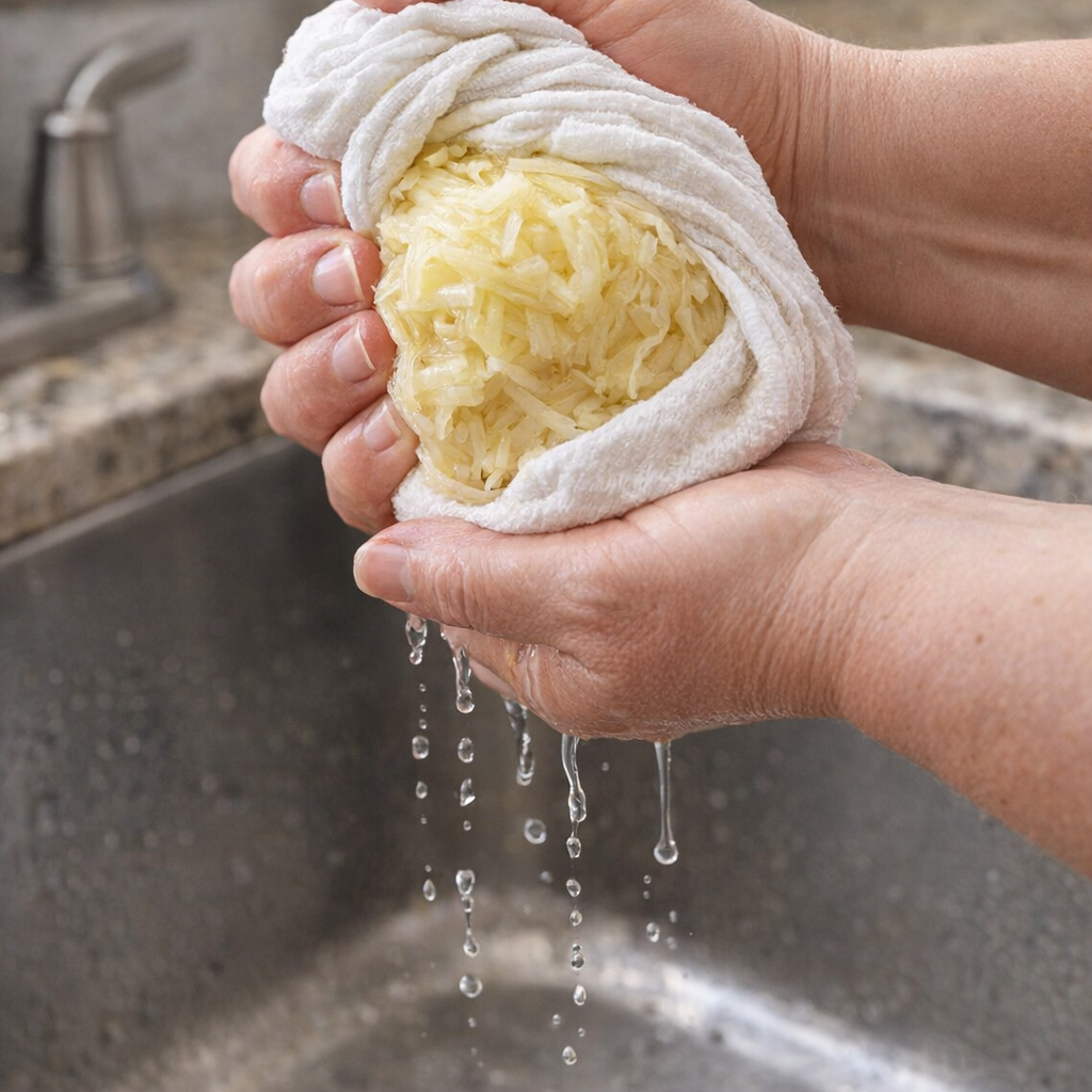 Shredded potatoes being squeezed in a kitchen towel