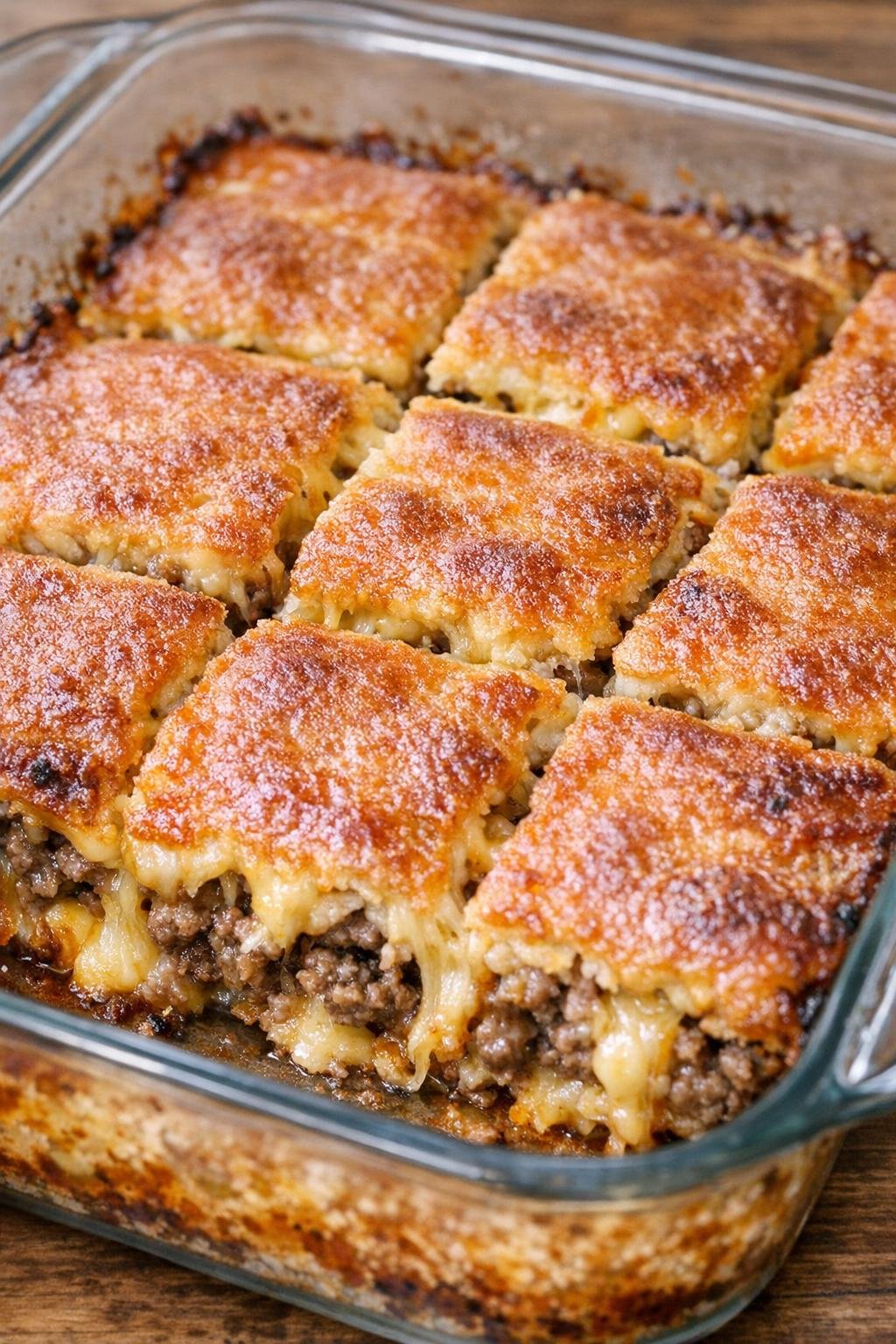 Southern 3-ingredient cheesy beef squares in a glass casserole dish